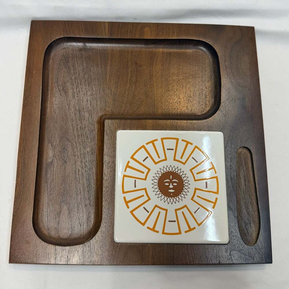 Vintage Handcraft Solid Walnut Serving Tray with Sunburst Ceramic Tile 10x10